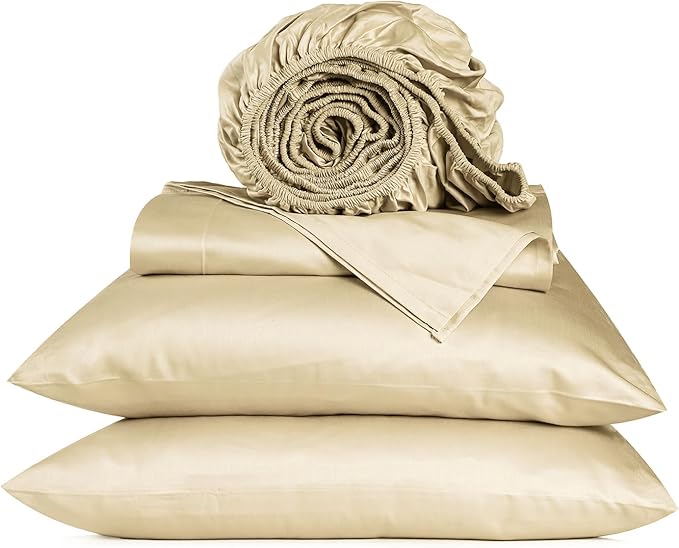 URBANHUT 800 Thread Count Egyptian Cotton Sheets Set Queen Size, Long Staple, Soft & Breathable, 4 Pc Bed Sheet Sets for Queen Size Bed, Luxury Hotel Sateen Sheets Fits 16" Deep Pocket - Sand