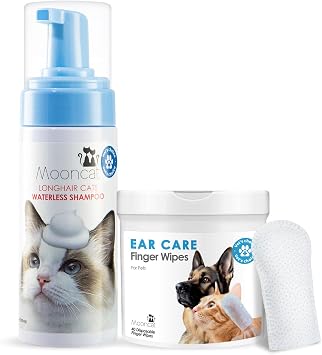 Mooncat Grooming Kit for Long Hair Cats Waterless Detangling Foam Shampoo 5oz + Cat Ear Cleaner Finger Wipes 40ct | No Rinse, Licking Safe, Paraben-Free, pH Balanced | Tangle Control & Ear Wax R