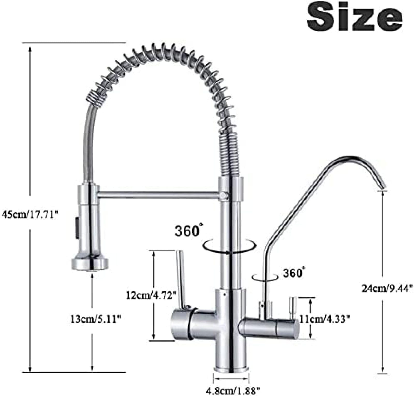 Rubinetto per filtro dell'acqua a 3 vie Miscelatore per lavello da cucina con doccia estraibile Lavello a doppia leva Bocca girevole a 360 gradi in ottone Cromo lucido-cromo