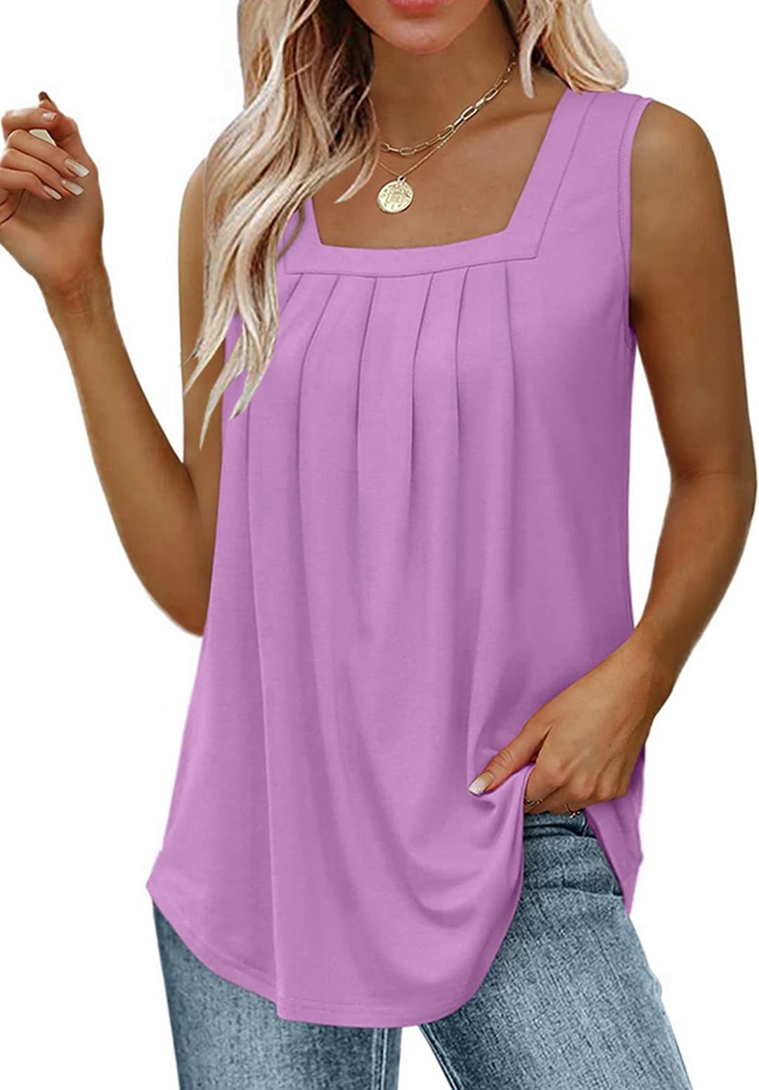 Naivikid Tank Tops for Women Pleated Flowy Summer Sleeveless Tops Casual Square Neck Shirts S-XXXL