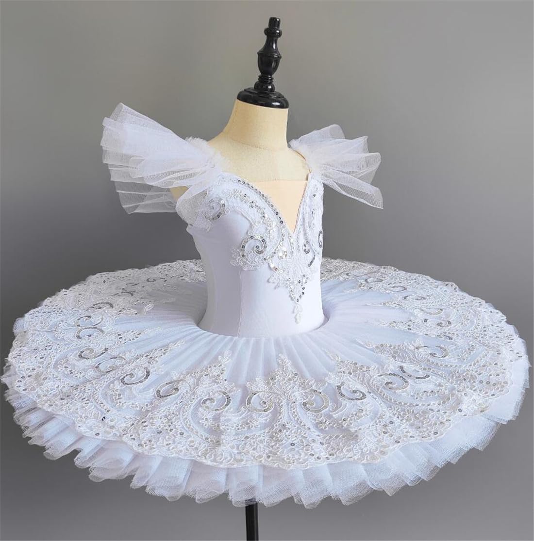 Tutú de Ballet Blanco para Niñas, Falda de Tul Bordada con Perlas Y Encaje, Disfraz de Bailarina para Fiesta de Lago de Los Cisnes, Atuendo de Baile (100)