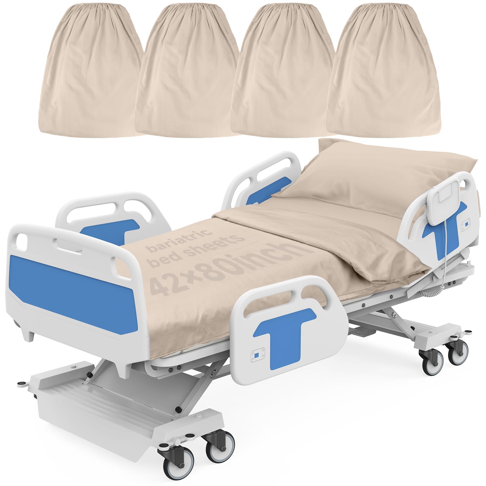 Paquete de 4 sábanas bajeras de hospital bariátrico de 42 x 80 x 12 pulgadas de profundidad para colchones médicos y bariátricos de gran tamaño, tejido suave, duradero y elástico (beige)