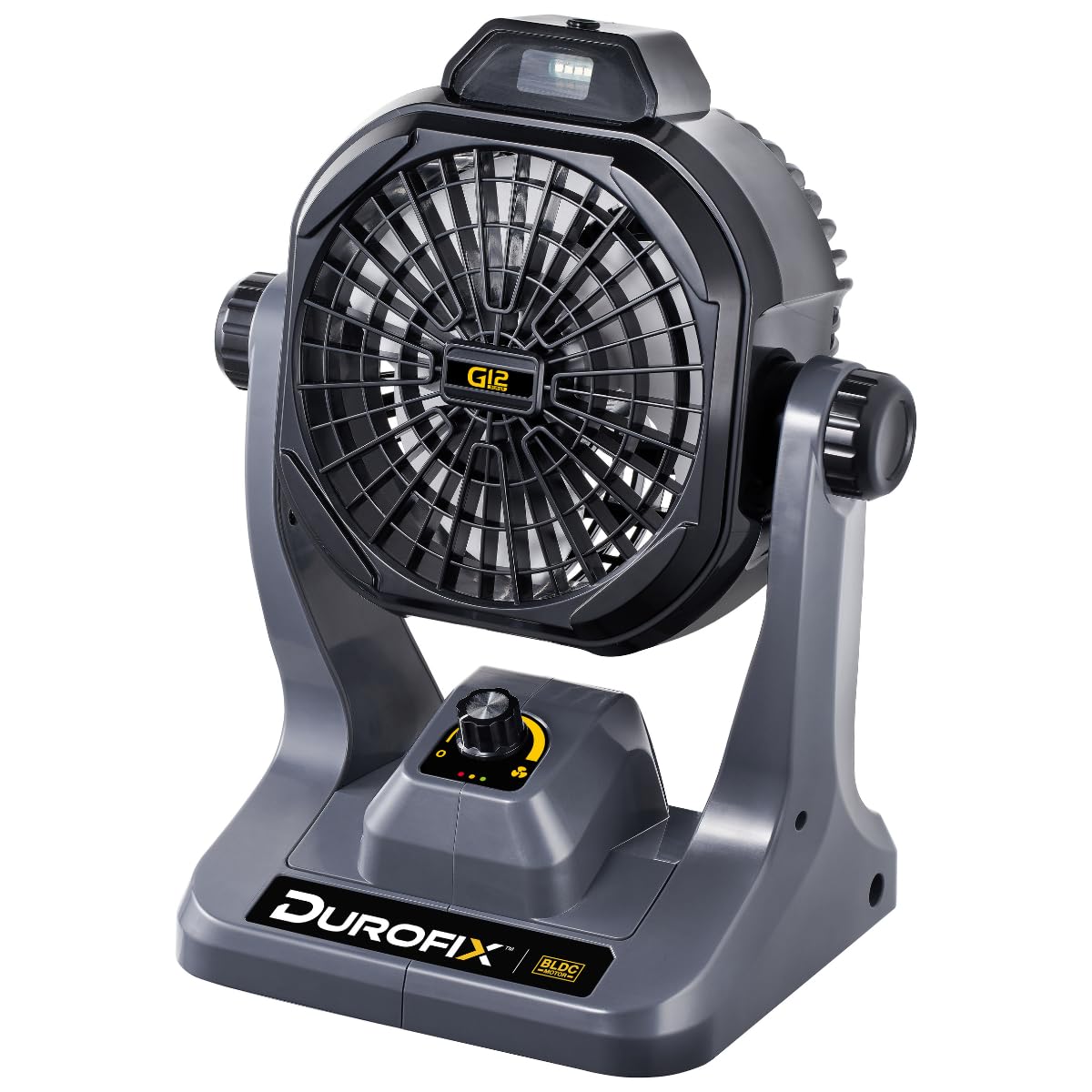 Durofix G12 Series RZ1290T 270CFM Brushless Jobsite Fan, Portable Fan 0-100% Speed Settings, Built-In Magnets & Hooks with LED Light - BARE TOOL ONLY