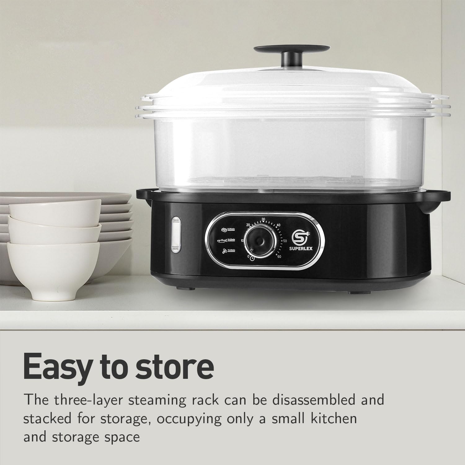 Steamer elettrico a 3 livelli, vaporizzatore per verdure da 12 l, 3 ciotole rimovibili e coperchio, timer da 60 minuti, spegnimento automatico, senza BPA