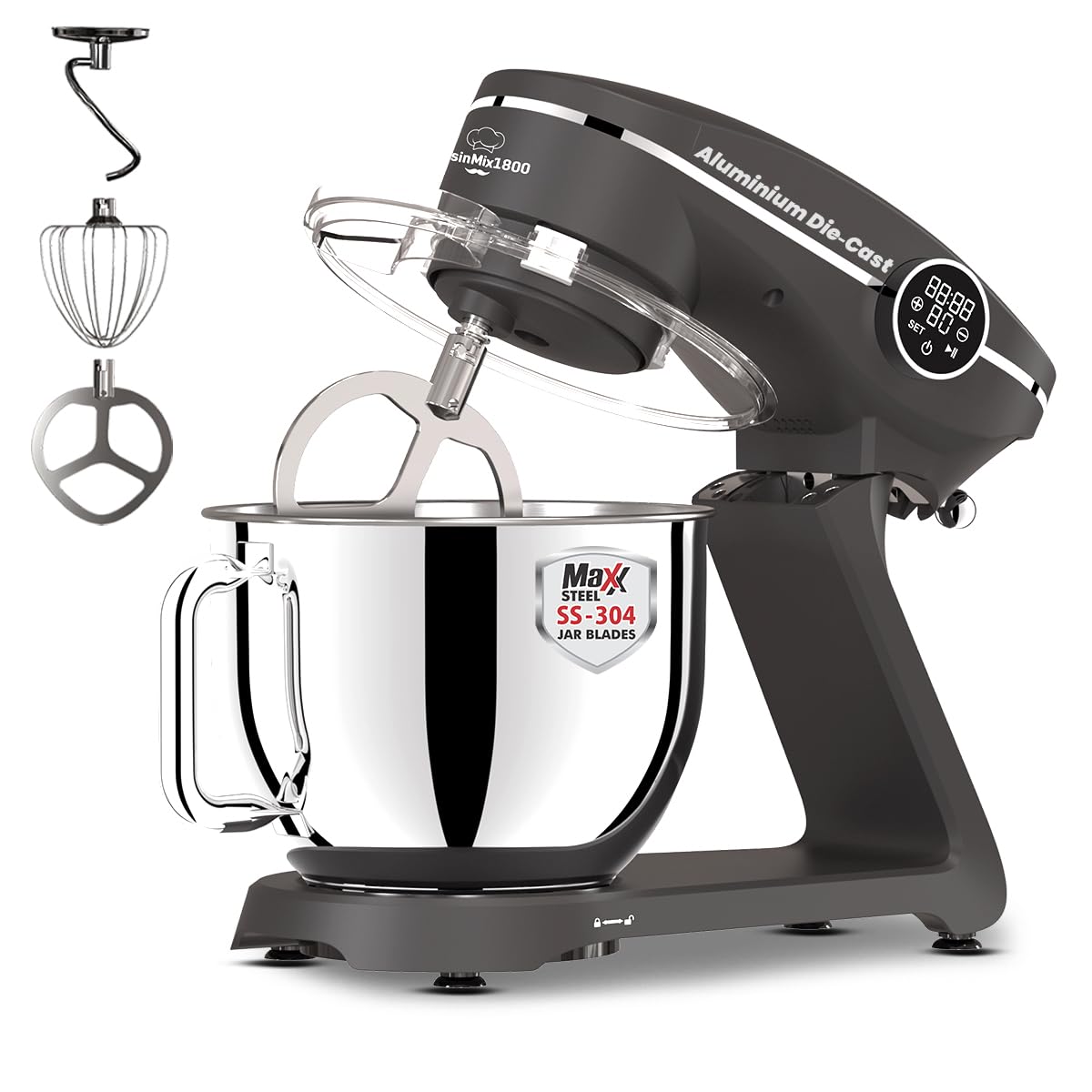 INALSA Stand Mixer Cuisin Mix 1800|Metal Die-Cast Body|1800W Copper Motor|Durable Metal Gears|7 L SS Bowl|Digital Timer|Stainless Steel 304 Grade Accessories Dough Hook, Whisker & Beater|2Yr Warranty-image-9