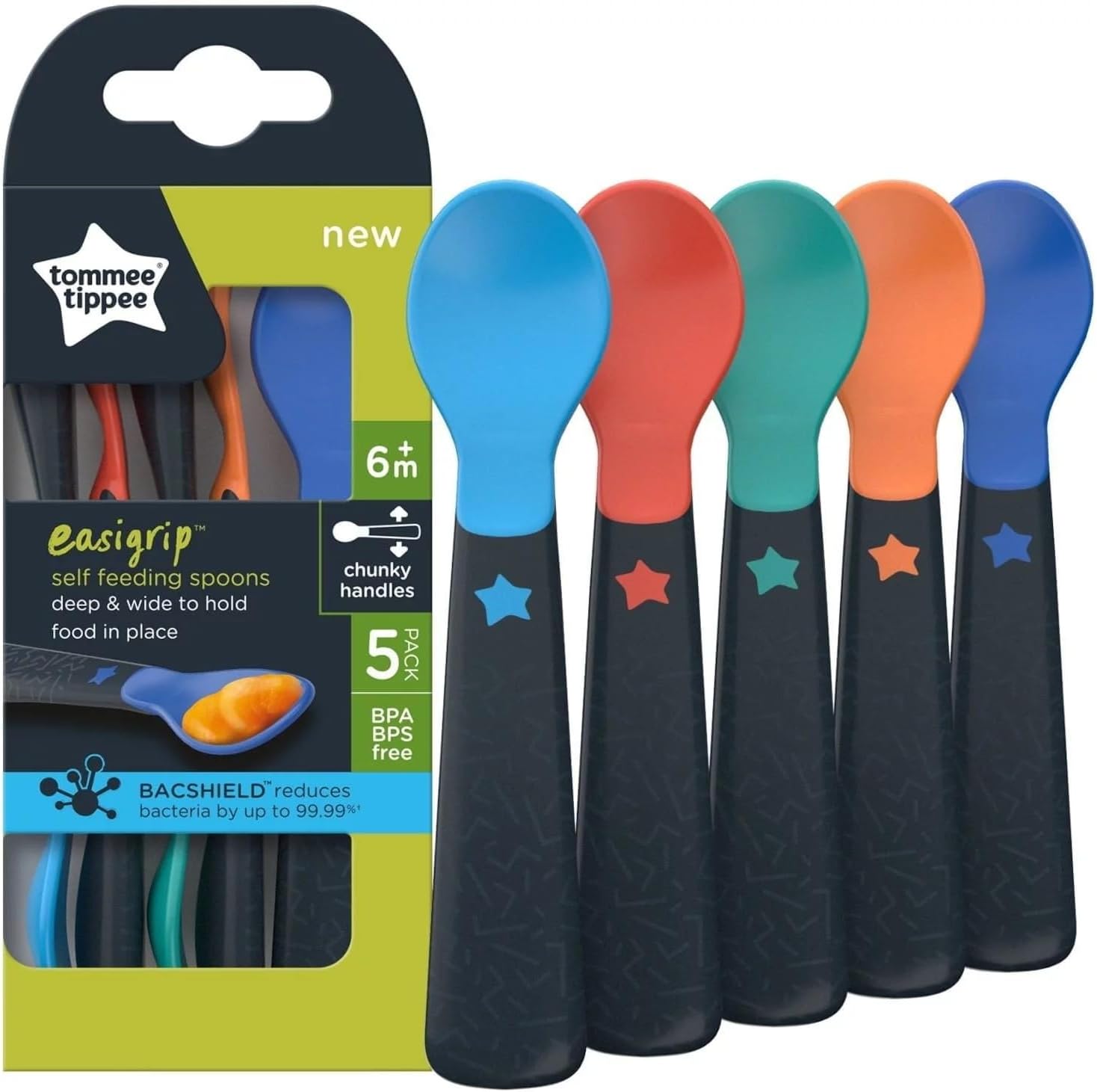 Tommee Tippee Easigrip Spoons 5-Pack - Chunky Handles, Wide Base - Self-Feeding Utensils for 4M+ Babies