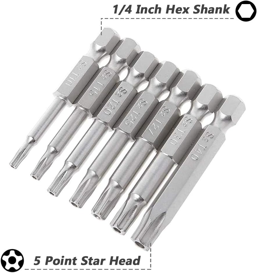 Mesee 5 Point Security Star Torx Screwdriver Bits Set 14Pcs Security Star Torx Screwdriver Bits 5-Pointed Screwdriver Bit for Electric Hand Screw Driver Drill Bits, 50mm Length
