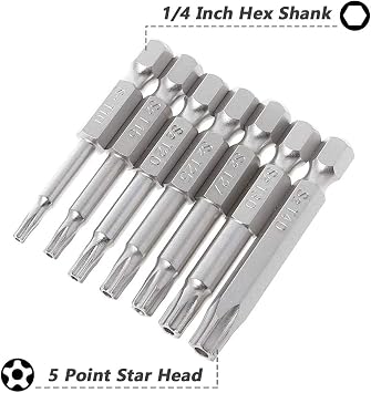 5 Point Security Star Torx Screwdriver Bits Set 14Pcs Security Star Torx Screwdriver Bits 5-Pointed Screwdriver Bit for Electric Hand Screw Driver Drill Bits, 50mm Length
