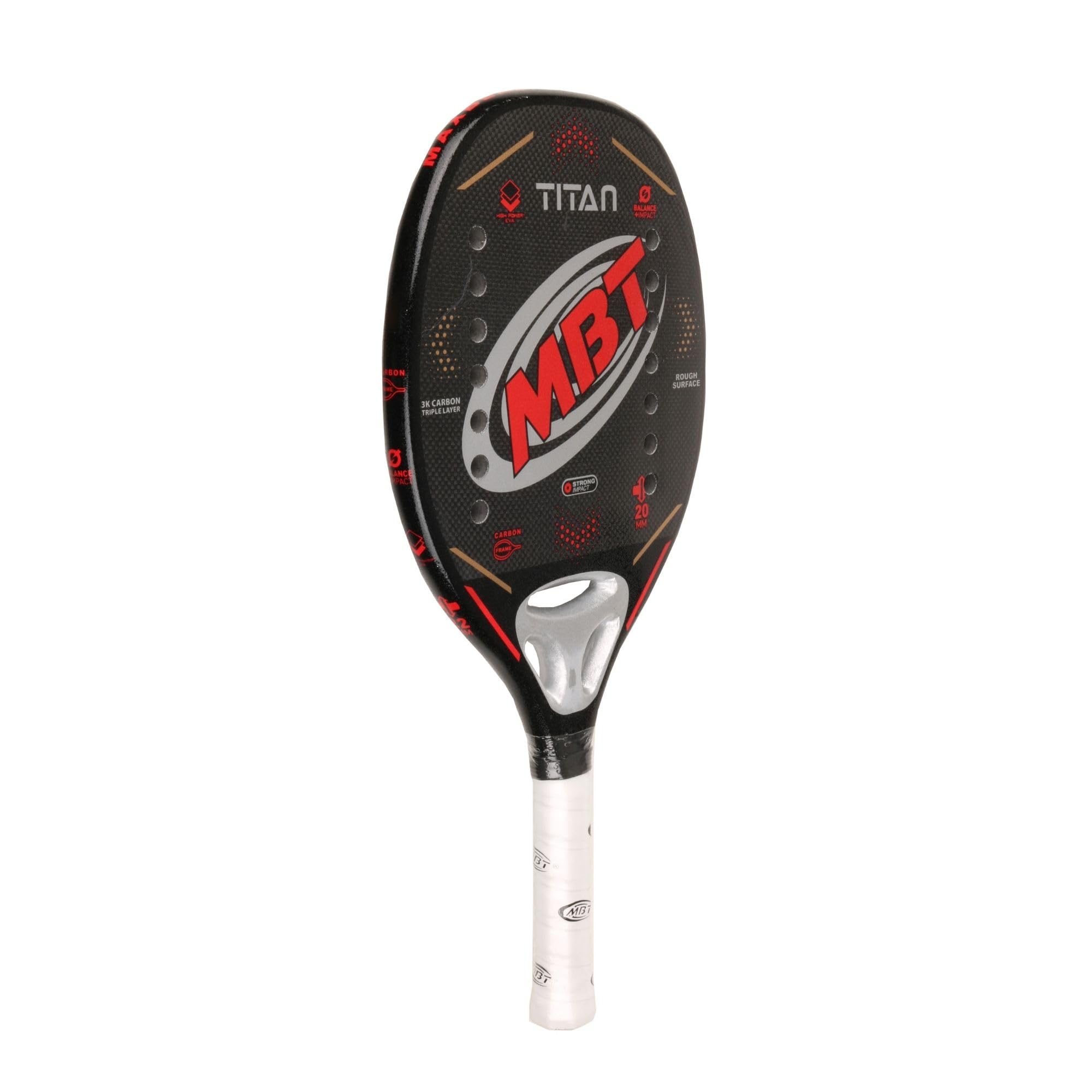 MBT TITAN, Raquette Beach Tennis 100% Fibre de Carbone 3K - Surface rugueuse - Eva High Power - Légère et équilibrée - Profil 20mm - Étui inclus