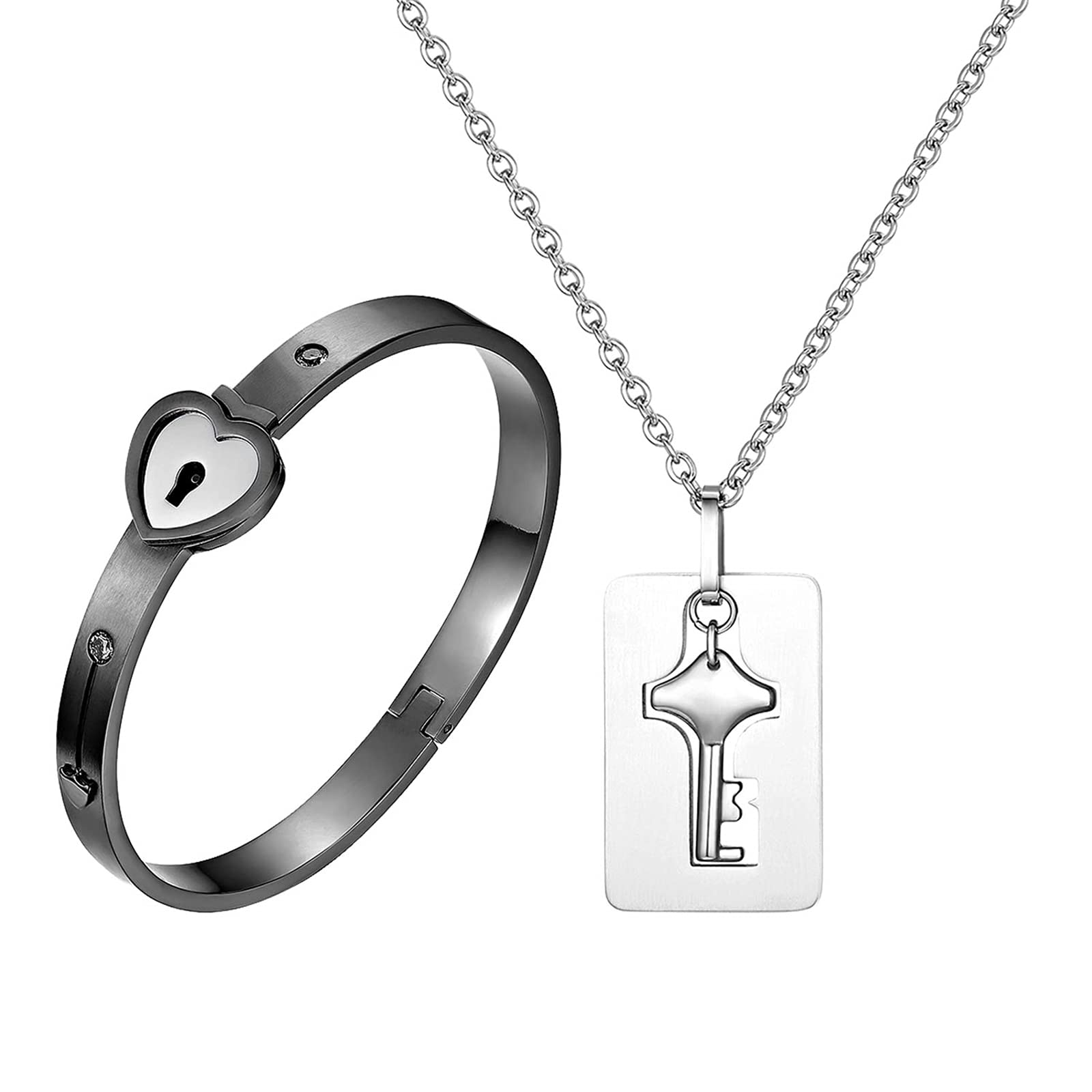 Flongo Pärchen Schloss Schlüssel Schmuckset: Silber Paare Armband Halskette Set Damen Kette mit Herz Flügel gold Zirkonia Herren Cuban Lock Armkette Edelstahl Geschenk Partner Weihnachten Valentinstag