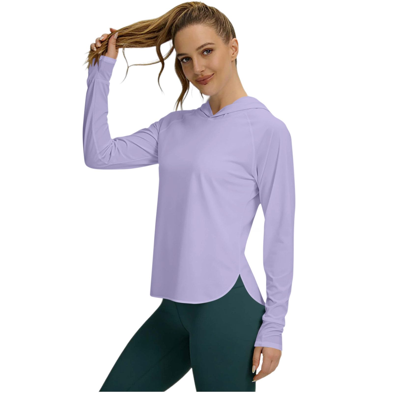 AMhomely Rash Guard Tops for Hiking Running Outdoor-UV T Shirt Women Long Sleeve with Hood, Lightweight Quick Dry SPF Gym Tees,Athletic Hoodies UPF 50+,Sportswear A Purple M