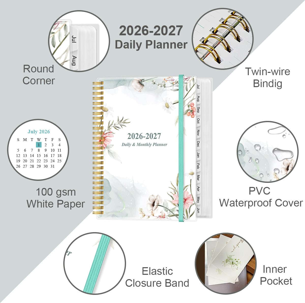 Agenda giornaliera 2026 con pagina intera al giorno - Agenda giornaliera e mensile 2026 da gennaio 2026 a dicembre 2026, planner giornaliero 2026 con 12 mesi di tabelle, 21,6 x 27,9 cm, fiori rosa