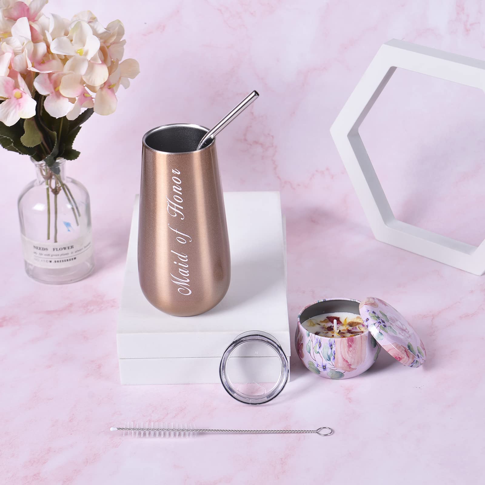 DHQH Maid of Honor Proposal Gift Box - Rose Gold Stemless Stainless Steel Champagne Glasses，Will You Be My Maid of Honor