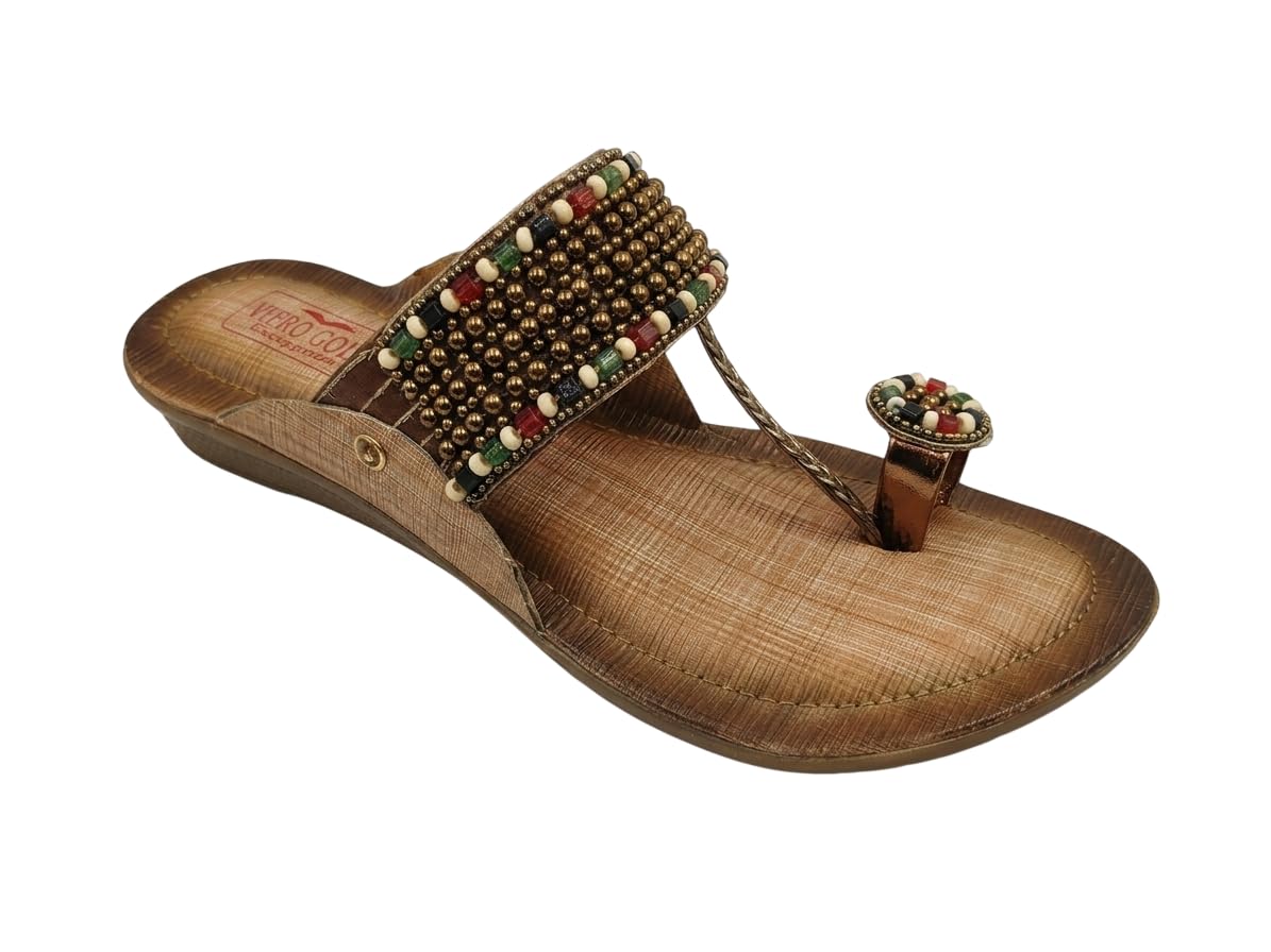 Women’s Kolhapuri Flat Sandals | Ethnic One-Toe Chappals with Beaded Ghungroo Strap | Comfort Cushioned Fashion Slippers for Traditional & Ethnic Wear-image-25