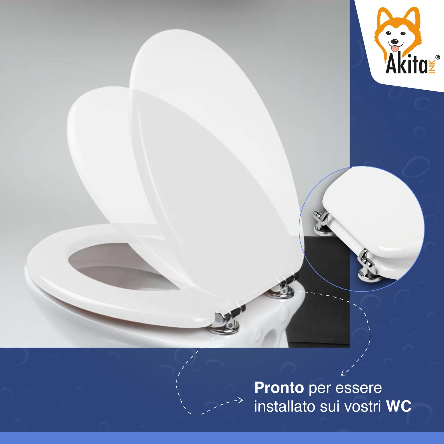 AKITAInk Copriwater Universale in Legno MDF Bianco – Sedile WC per Bagno, Tavoletta Copri WC Resistente con Cerniere in Metallo, Adatto a Tutti i Sanitari Standard