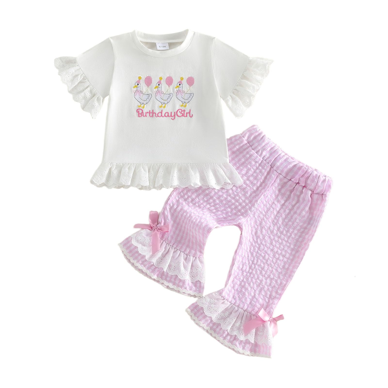 Easter Baby Girl Outfit Bunny Short Sleeve Tops Plaid Bell Bottoms Flared Pants Set Toddler Summer Clothes