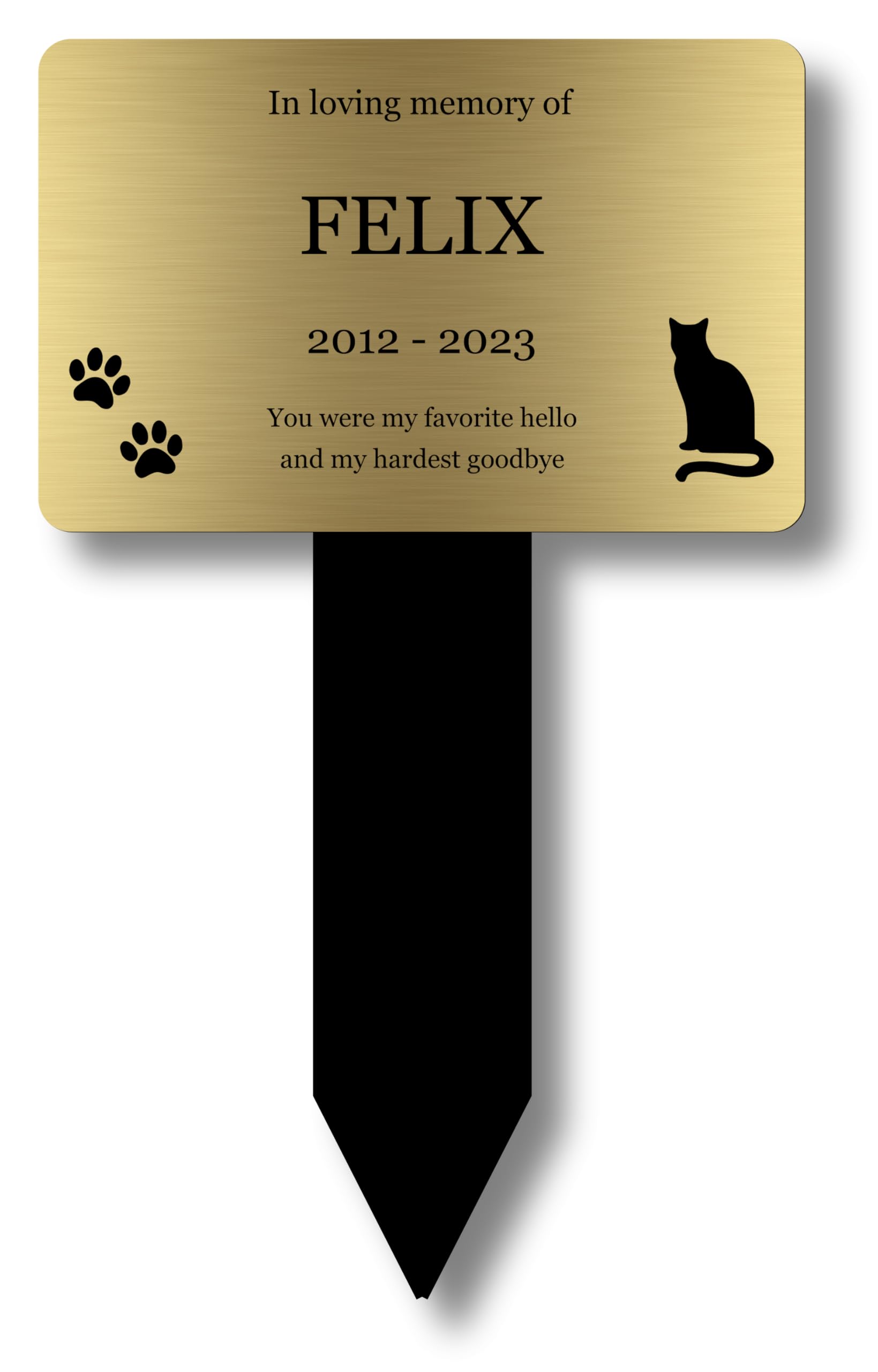 Origindesigned Metallic Personalised Pet Cat Memorial Stake, Grave Marker Or Outdoor Decoration/Ornament For The Garden - Available In Silver/Gold/Copper/White (Various Designs) (Gold)