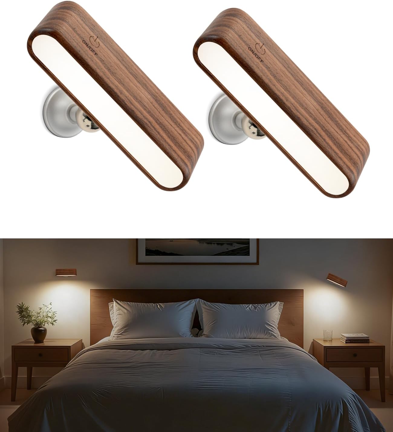 Wood LED Wall Sconce Magnetic 360°Rotate Mounted Mini Lamp Brightness Adjustable Nightlights Rechargeable Battery Powered Reading Light for Bedside Hallway Living Room Black Walnut Set of 2