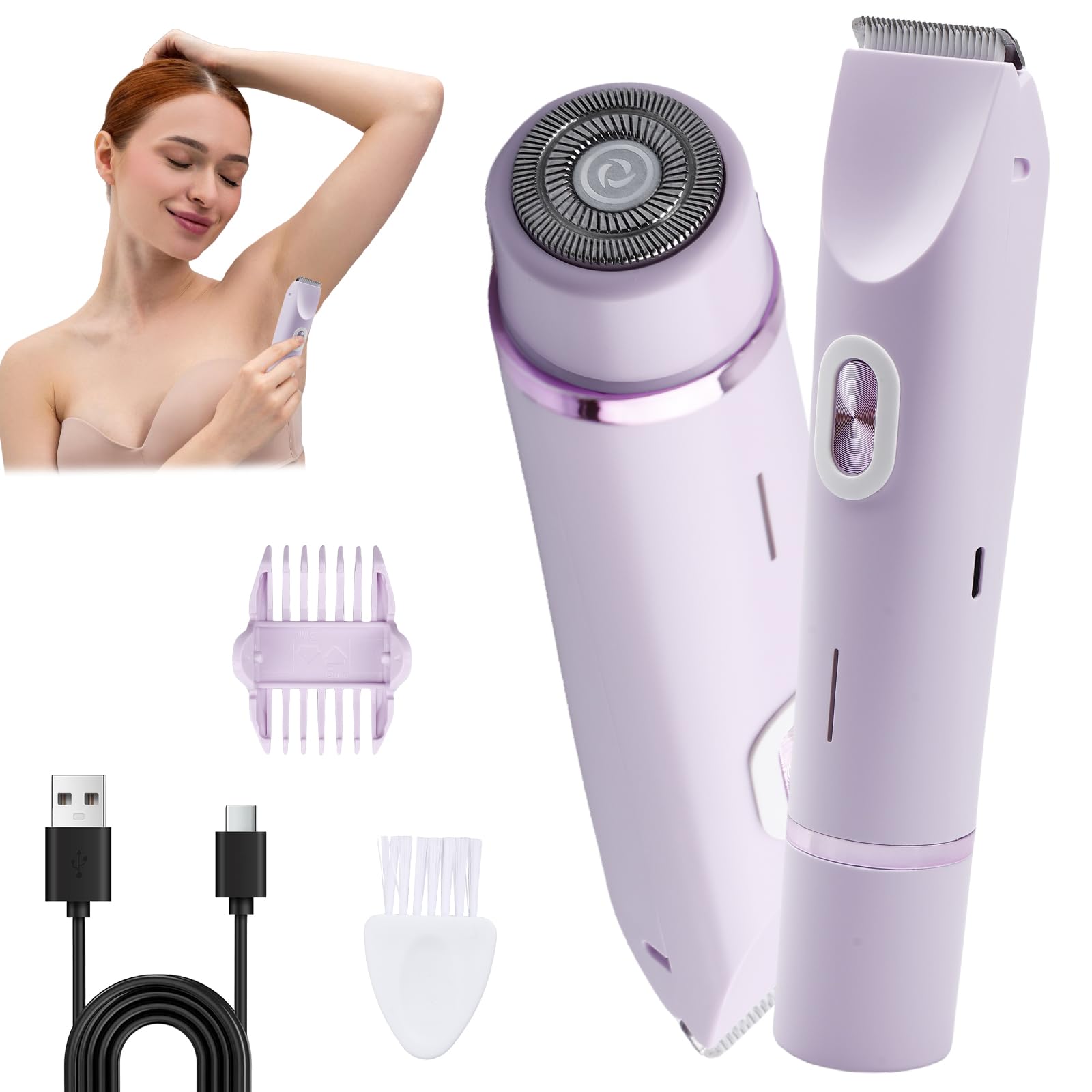 Rasoio elettrico da donna 2 in 1: rasoio intimo a doppia testa per donne, bikini trimmer, impermeabile bagnato e asciutto per viso, corpo, gamba, bikini, viola