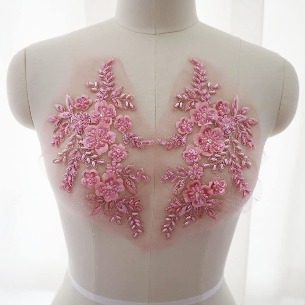 Hxscoo Pink 2Pcs Sequin Embroidered Beads 3D Flower Applique Lace Fabric Collar Sew Patch Wedding Bridal Gown Clothes Dress Decor Diy Crafts (Color : )