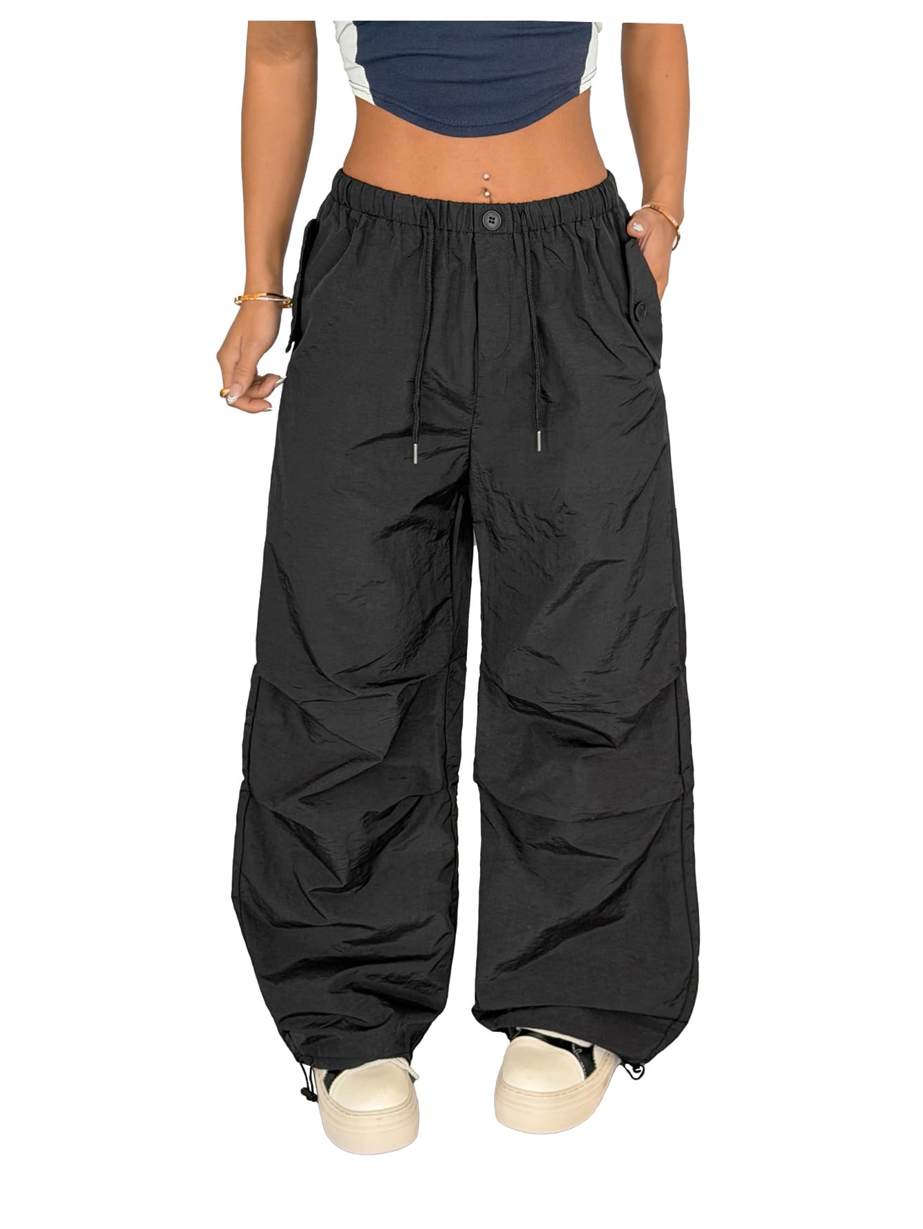 OYOANGLE Womens Parachute Cargo Pants Y2K Drawstring Waist Ruched Straight Leg Trousers Joggers