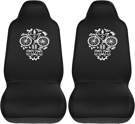 Funny Bicycle Cycling Sugar Skull Car Seat Covers 2 Front Seats,Breathable Durable Seat Covers for Cars,Universal Fit for SUV,Vans,sedans, Trucks, Automotive Interior Covers,Black