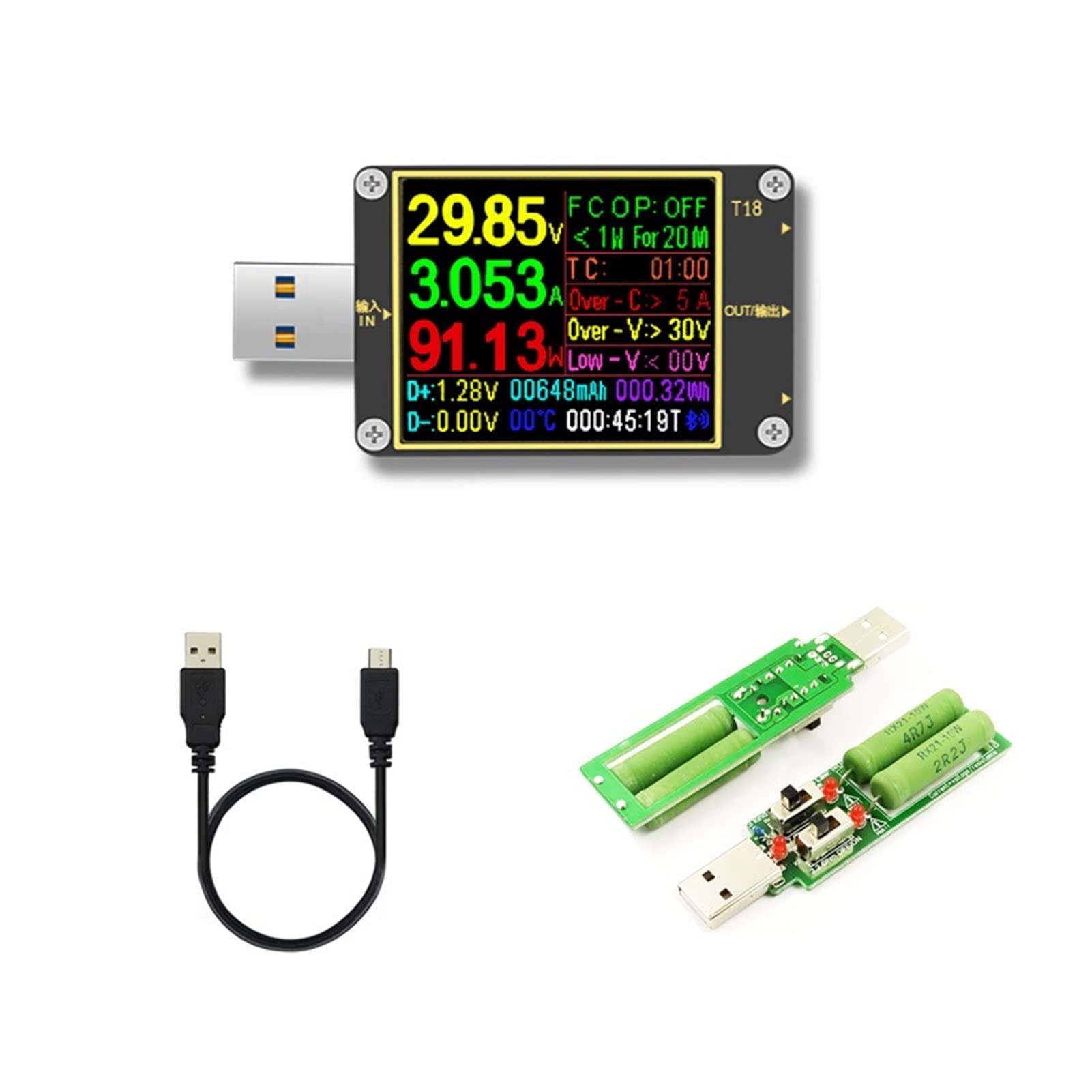 18. In 1 USB. Tester T18 Digital-Voltmeter-Amperometer Voltimetro DC Leistungsspannungszähler Strom Spannungsarzt 1,8" PD QC3.0. Detektor(Add load cable)