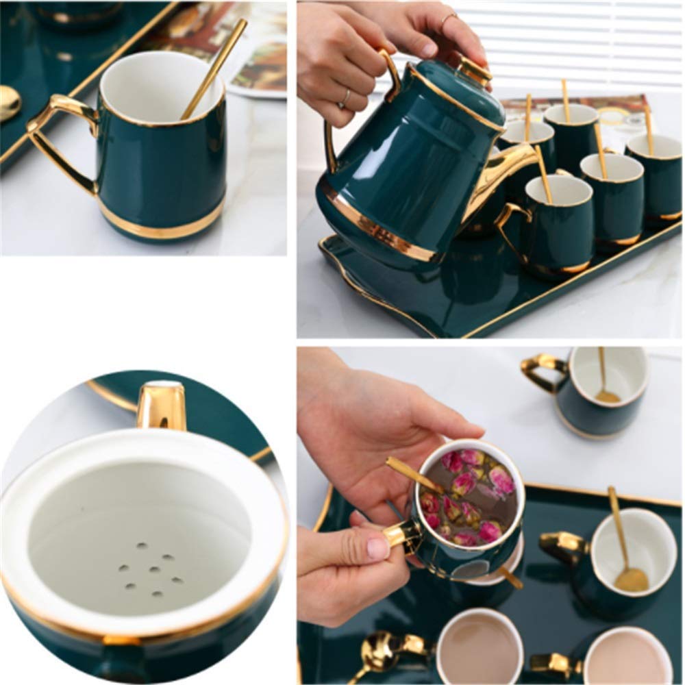 Juego de Tazas de té y café de cerámica de Estilo nórdico con Detalles Dorados. Incluye 6 Tazas y cucharas de té con Bandeja de cerámica para Tetera (Juego de 14 Unidades en Verde)