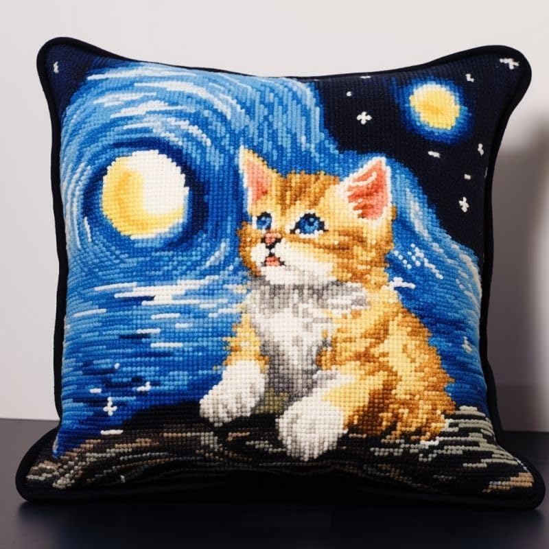 XDEGHUANGSS Starry Night & Cat Latch Hook Kits Pillow DIY Rug Crochet Hook Cushion Making Kits Printed Color Pattern Canvas Pillowcase Hooking Kits Pillow Cover Starter DIY Crochet Kits 43x43cm