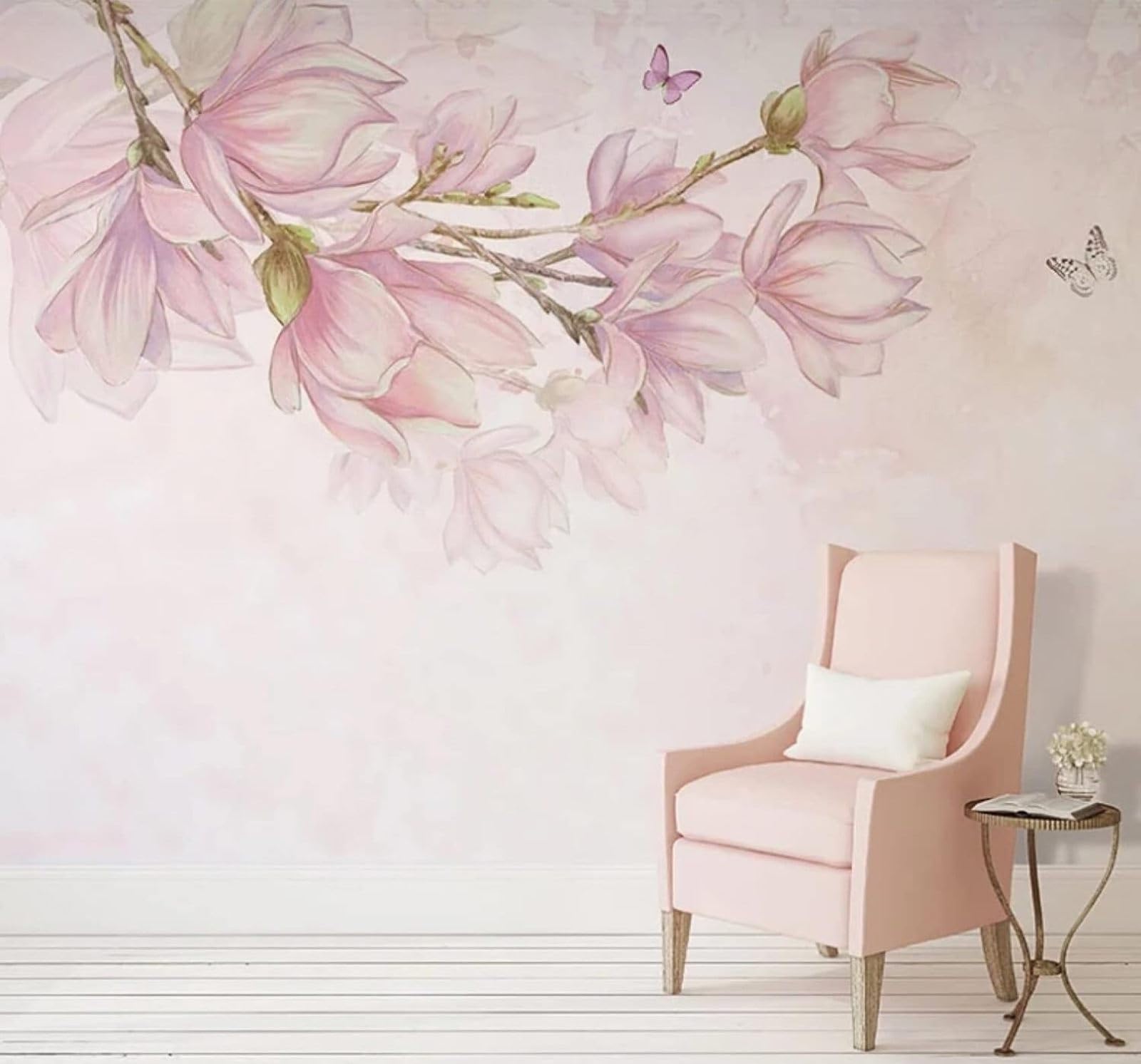 XLMING Hand Drawn Beautiful Pink Magnolia Butterfly 3D Wallpaper Luxury Silk Study Dining Feature Sofa Grey Bedroom Living Room Tv Decorative Wall-350cm×256cm