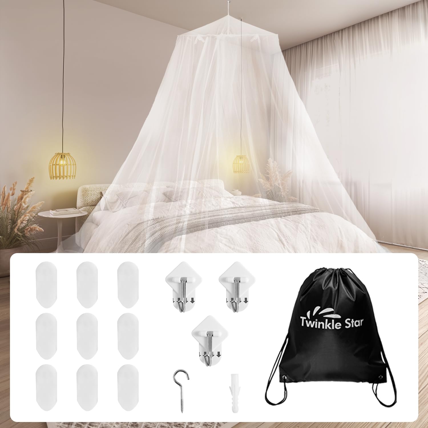 Twinkle Star Moskitonetz Reise mit Reisetasche und Selbstklebender Deckenhaken, Moskitonetz Outdoor Betthimmel für Zuhause und Reisen extra-groß für Doppelbett & Einzelbett, Weiß