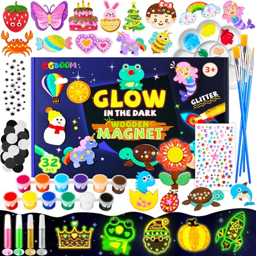 CGBOOM Conjunto de pintura para crianças, conjunto de trabalhos manuais para crianças de 32 peças, ímanes de frigorífico com luminescência para pintar e artesanato, ímanes de madeira para pintar