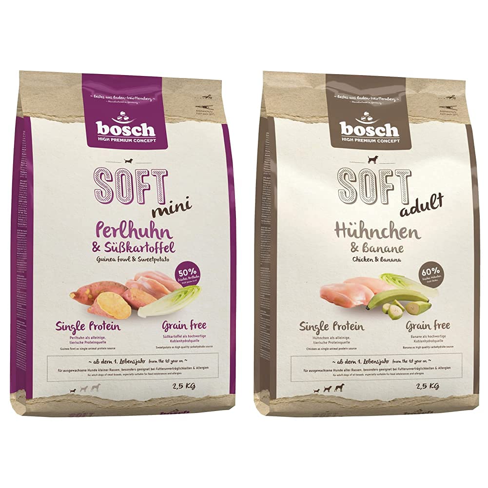 bosch HPC SOFT Mini Perlhuhn & Süßkartoffel | halbfeuchtes Hundefutter für ausgewachsene Hunde kleiner Rassen | 1 x 2.5 kg & HPC SOFT Hühnchen & Banane | 1 x 2.5 kg