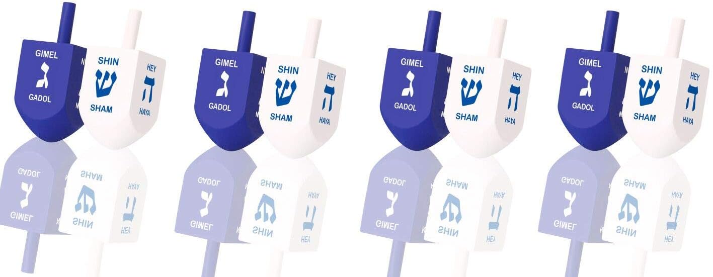 Zion Judaica Hanukkah Dreidels Blue & White Natural Wood with English Translation & Transliteration (100 Pack)