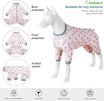 LovinPet Big Dog Outfits for Female Dogs,Wound Care Dog Onesie, Stretchable 4 Legged Large Dog Jammies, Coral Elephant, Mouse Print, Pjs for Dogs,3XL
