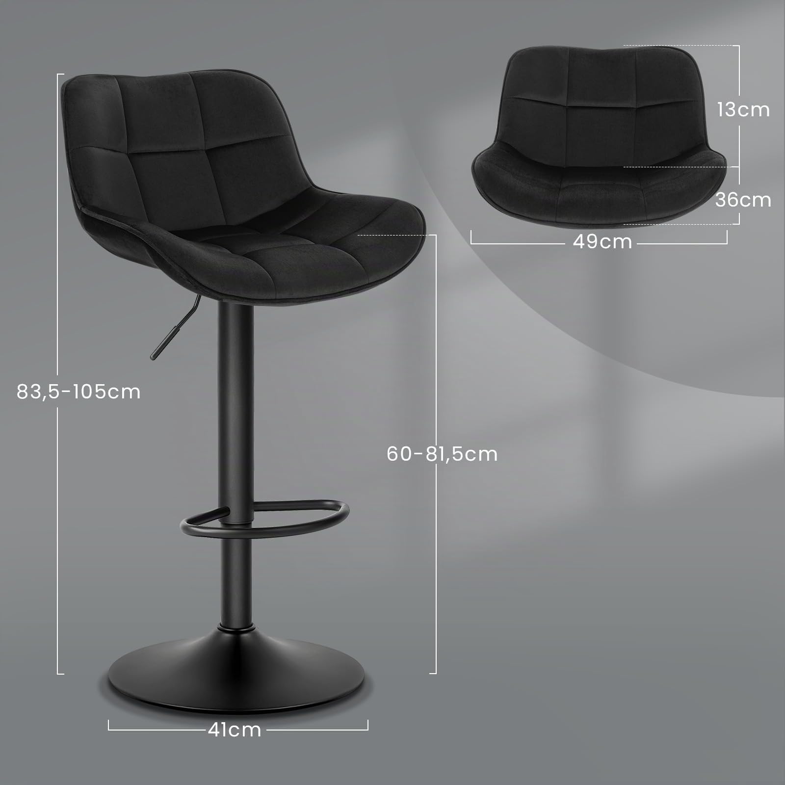 EUGAD Taburetes de Bar Giratorio con Respaldo y Reposapies, Negro | Taburetes Altura Ajustable 60-81,5 cm, para Bar y Cafetería, Terciopelo
