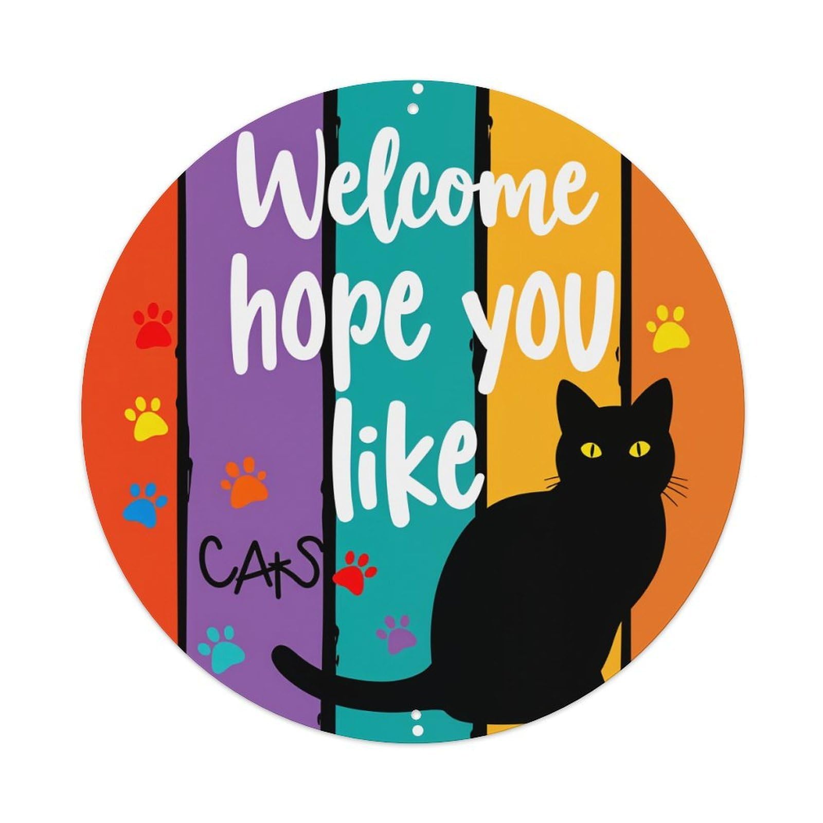 Colorful Stripes Cat Silhouette Paw Prints Round Tin Sign Vintage Metal Poster Retro Bar, Home, Man Cave, Kitchen, Laundry Room Wall Art Decor Gift 8x8Inch