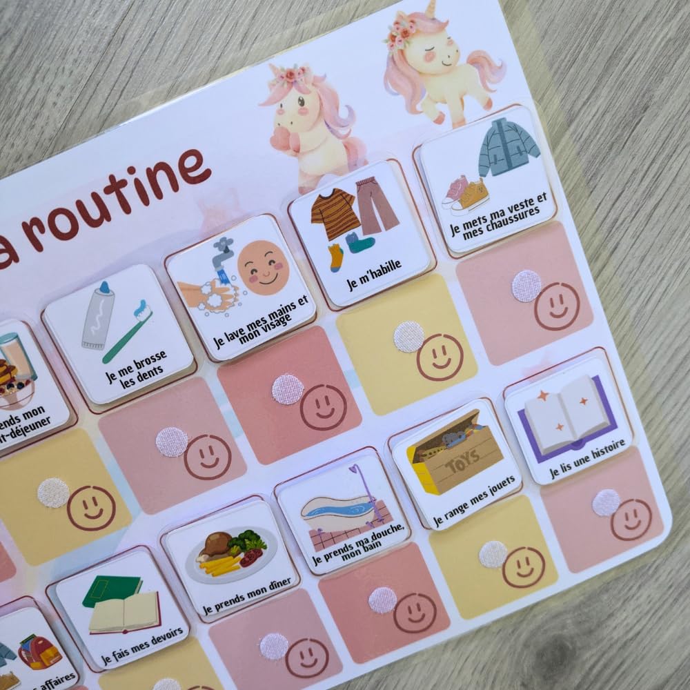 Licorne Tableau routine enfant Planning matin soir Calendrier tâches rituels 30 étiquettes