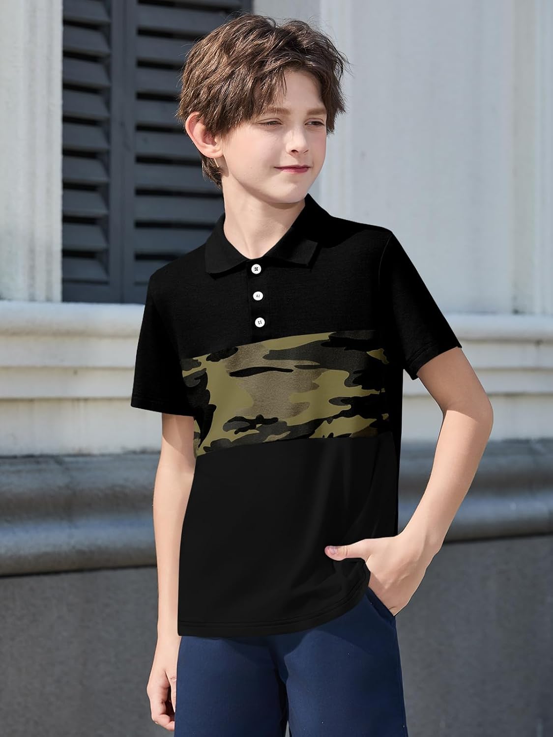 Haloumoning Boys Short Sleeve Polo Shirt Kids Fashion Camo Color Block Shirt Summer Casual Tops Tees 5-14Y