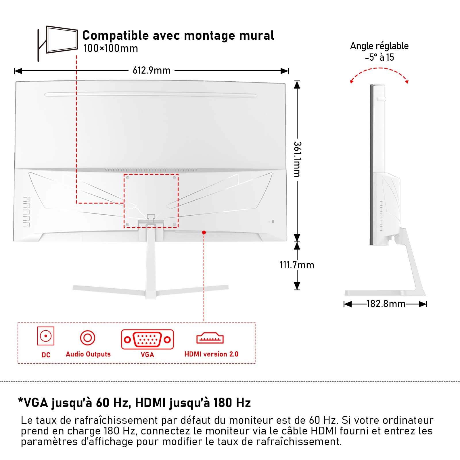 Gawfolk Monitor per PC da 27 pollici, curvo 180 Hz, 1800 R,1 m, FHD 1080p, 178 °, grandangolo, altoparlante integrato, HDMI、VGA, compatibile con montaggio a parete 100 x 100 mm, bianco