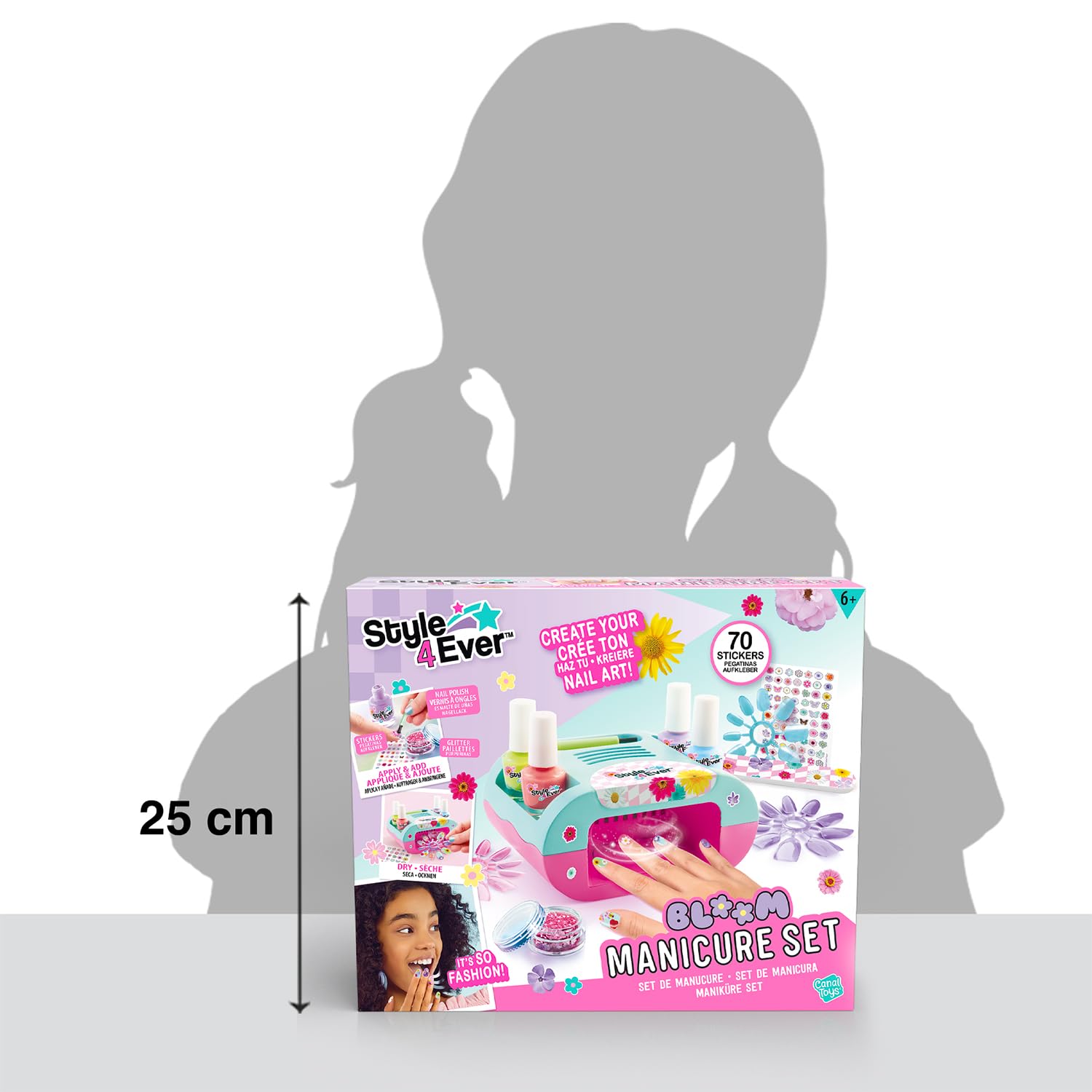 Canal Toys Style 4 Ever – Set de Manucure Bloom – 4 Vernis, Séchoir à Ongles, Faux Ongles, Paillettes et Stickers – Kit Créatif Nail Art Enfant 8+ Ans- Idée Cadeau Beauté – OFG364