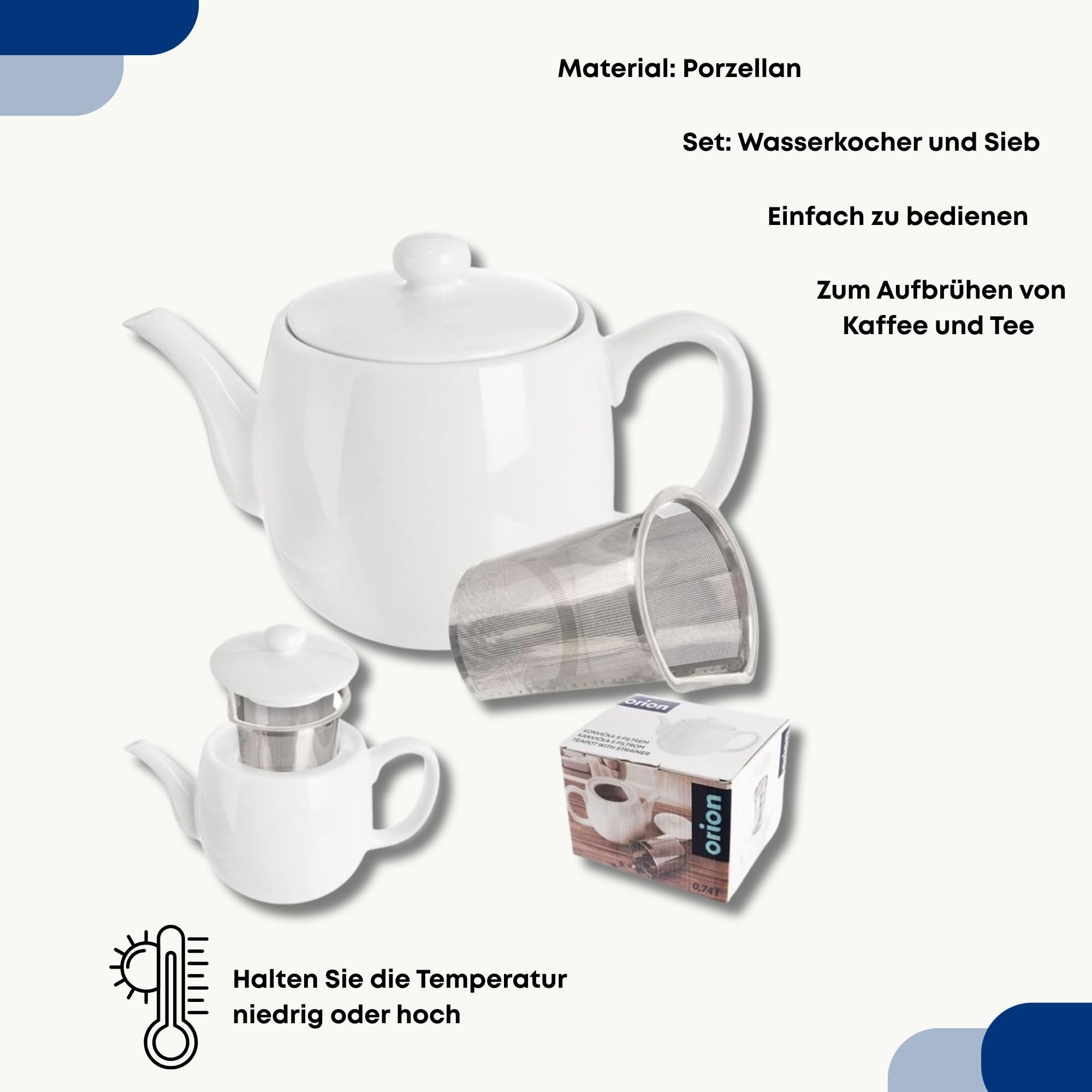 Porzellankanne Teekanne Teebereiter mit Deckel und Sieb aus Porzellan weiß MONA 700 ml