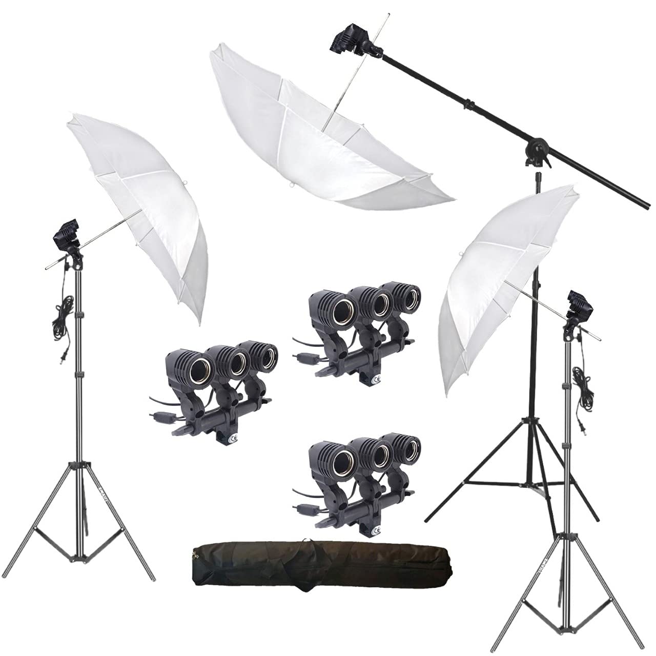 HIFFIN E27 3 Point Studio Triple Holder Kit Umbrella White + Studio Light Stand 9 FT Holder KIT Mark III WOB | 3 Triple Holder | 3 Light Stand 9ft | 3 Umbrella | 1 Boom | 1 Bag