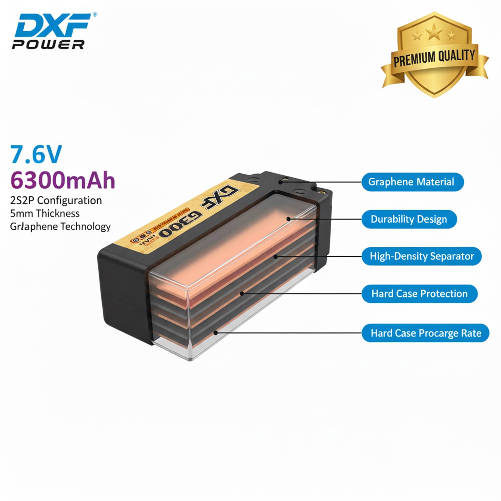DXF Batteria LiPo 2S 7.6V 6300mAh 140C HV Spina Deans T Bullet 5mm Auto RC 1/8 1/10 Truck Buggy Touring Car Compatta Leggera Potente Gare Racing Corse Modellismo 2 Pezzi