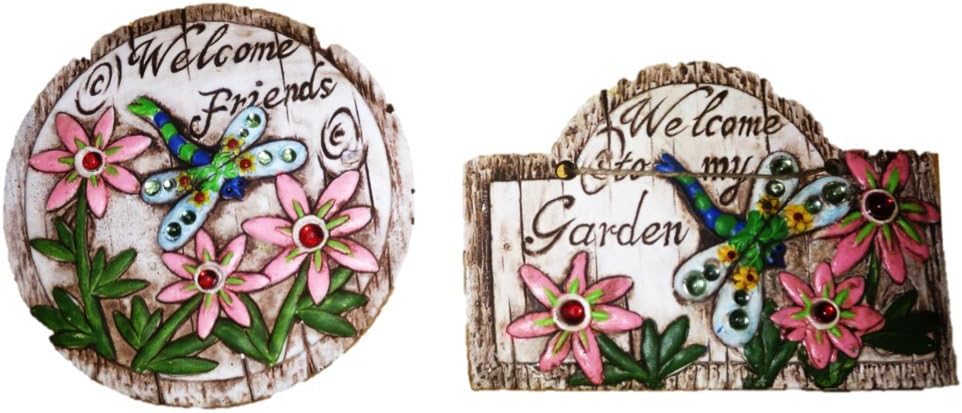 Rustic Concrete Garden Themed Signs With flowers, Gemstones & message "Welcome to my Garden" One hanging plaque & one stepping stone