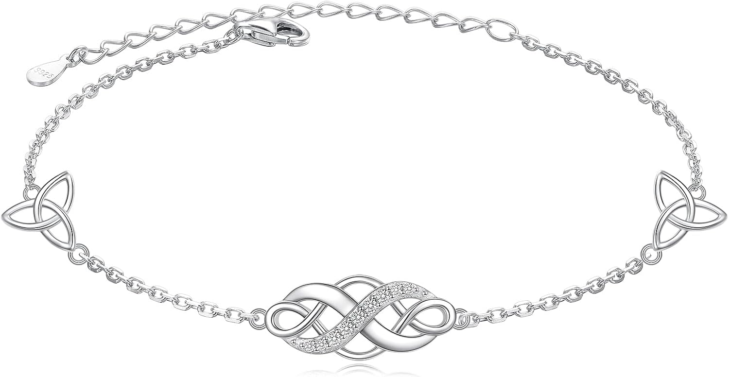 FLYOW Irish Celtic Knot Bracelet 925 Sterling Silver Infinity Love Cubic Zirconia Trinity Knot Adjustable Bracelet for Women Birthday