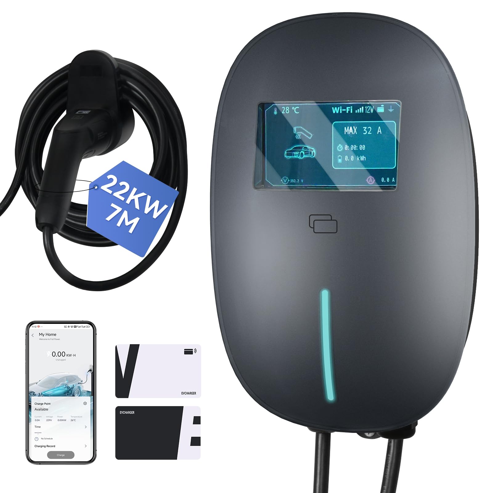 YU YUSING Colonnina Ricarica Auto Elettrica 22 KW, 7M Cavo Ricarica Auto Elettrica Tipo 2, 6-32A Wallbox Trifase, Carichino Auto elettrica con Schuko, Contro App, LCD Digitale e Supporto, IP65, Grigio