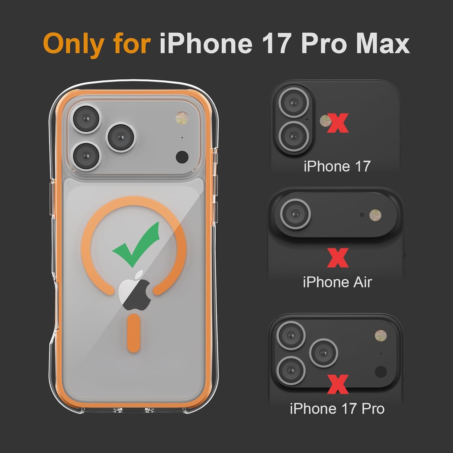 iPhone 17 Pro Max Case, 360° Air Cushion Frame for Drop Protection, MagSafe Compatible, Slim Minimalist Design, Orange
