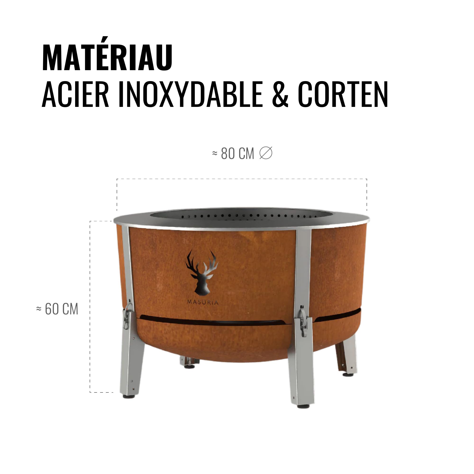 Masuria Brasero sans fumée 80 cm⌀ Alpha 800 - Réduction brevetée de fumée Jusqu’à 95% - Fabriqué en UE - Brasero extérieur en INOX 304 et Acier Corten - Pieds réglables - Grand tiroir à Cendres