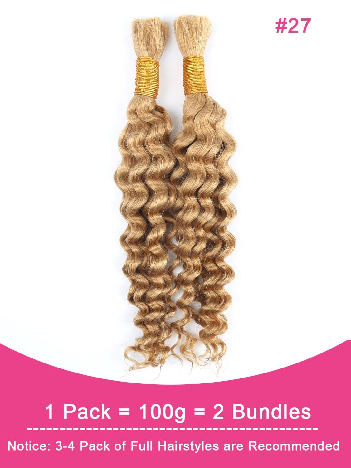 Human Braiding Hair for Boho Braids Human 100g 16 Inch Curly Boho Hair for Braiding Knotless 12A Deep Water Wave Bulk Bohemian 2 Bundles/Pack #27 Honey Blonde No Weft Bundles - Image 2